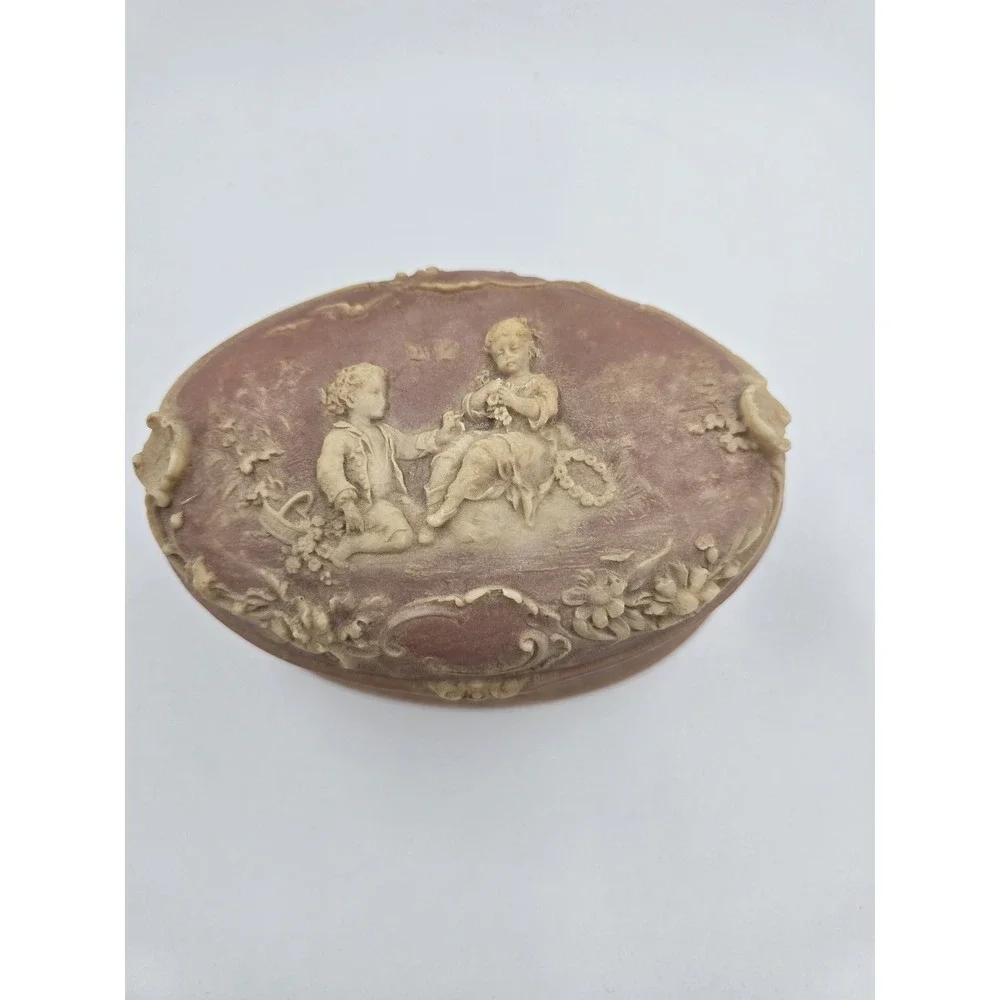 Vintage Incolay Stone Pink Box Victorian Scene Handcrafted USA Jewelry Floral